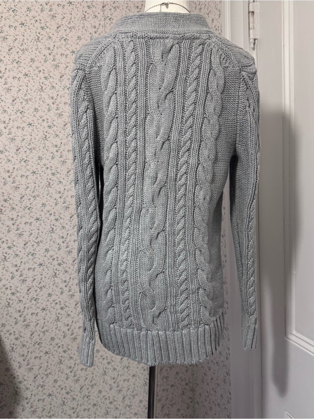 L.L. Bean Light Gray Cable-Knit Button-Front Cardigan - Picture 4 of 7